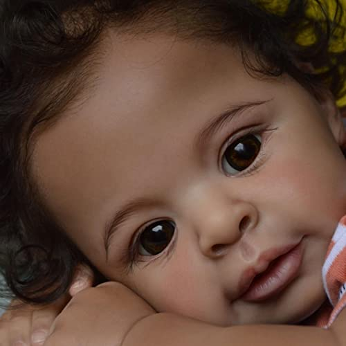 Anano Gemischt Baby Puppen, Reborn Babypuppe 21Zoll Dunkelbraune Haut Vinyl Kleinkinder Weicher Körper Lebensechte Mischung Babypuppen Junge Schwarz Mohair Haar Kleinkinder