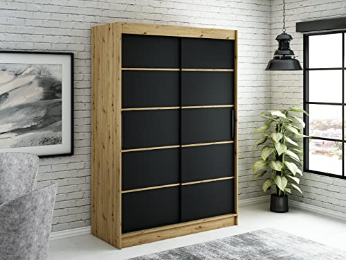 MINIO go for it - LETO Kleiderschrank ohne Spiegel, 150 cm Breite, 2 Stangen und Einlegeböden, Garderobenschrank aus Laminierter Platte, Garderobe Schlafzimmer, Farbe Artisan Eiche und Schwarz Matt
