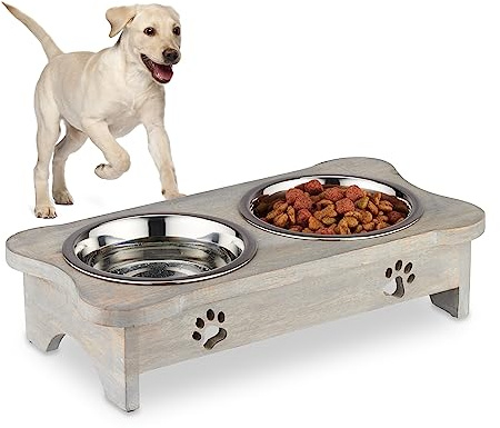 Relaxdays Futterstation Hund, erhöhte Hundebar, 2 Fressnäpfe, grau | je 750 ml, Mangoholz & Edelstahl, Doppel Napfständer