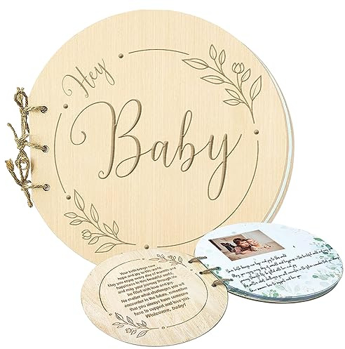 1DFAUL Baby Shower Guest Book, 80 Pages Hey Baby Shower Sign in Guest Book with Watercolor Design, Baby Shower Guest Book Alternatives Girl Boy, Wood Guestbook Keepsake Gift for New Parents