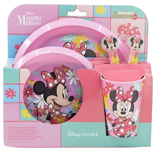 Favourite 2023 Hero Cartoon Character 5pc Breakfast Set Inc Plate, Tumbler, Bowl, Fork, Spoon re-usable Plastic (Minnie Mouse)