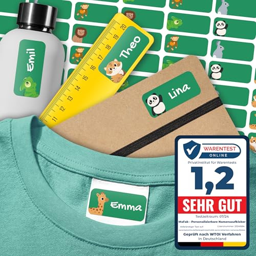 Namensaufkleber für Kinder (108 Stk. 30x13 mm) - Wasserfeste Namensschilder für Kleidung, Textilien und Gegenstände - Optimal für Kita, Kindergarten und Schule - Schöne Motive personalisierbar