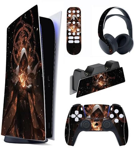 PlayVital Full Set Skin Decal for ps5 Console Digital Edition, Sticker Vinyl Decal Cover for ps5 Controller & Charging Station & Headset & Media Remote - Summon of Flame