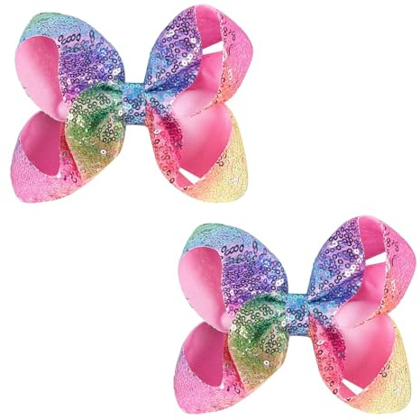 AMYDECOR 6 Inch Rainbow Sparkly Glitter Sequin Hair Bows for Girls Toddlers Kids Children Teenage (2PCS)