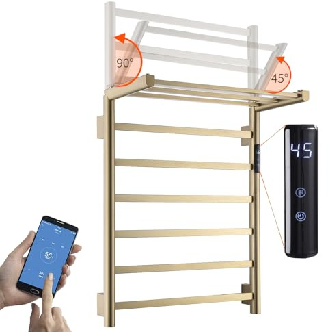LNXGJJ Radiador Toallero Eléctrico Baño WiFi Inteligente Radiador Calienta Toallas de Toallero, Oro Cepillado Control de Voz 620 x 500 mm 75 W Plegable Toallero Calentado para Baño