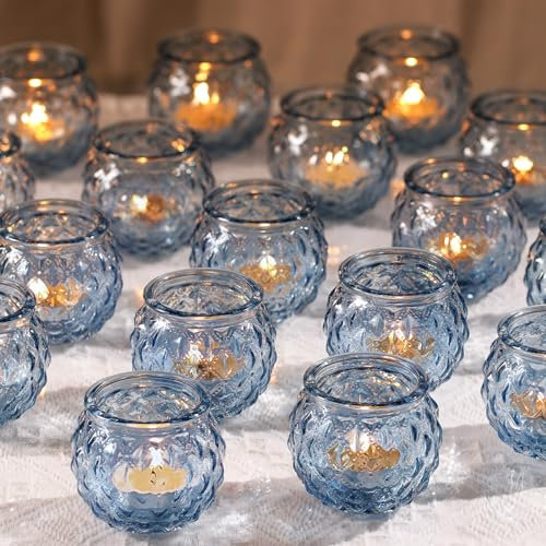 DARJEN 48 Stück blaue runde Kerzenhalter – Großglas Kerzenhalter für Vintage-Dekoration, Teelichter für Hochzeitsdusche, Party und Geschenk