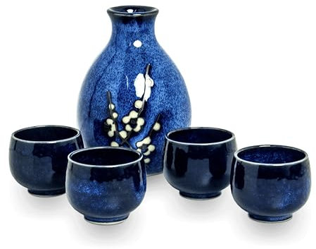 Luxe - Saké Set - Hana Blue - 5PCS - 300 ml - Ensemble de saké japonais - Set à thé - Service à thé - Verre à saké - Bouteille à saké - Tasses à saké - Vaisselle japonaise - Cadeau de Noël - Paquet