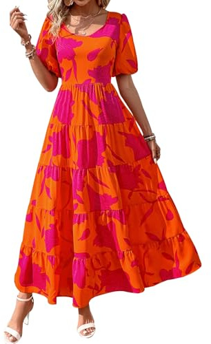 PRETTYGARDEN Women's Puff Sleeve Floral Cute Spring Dresses for Women 2024 Casual Maxi Dress Modern