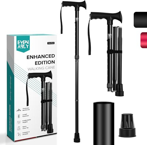 EVENABLY Enhanced Walking Cane (Thicker & Longer) - Foldable, Adjustable, Collapsible, Spare Tip, with Travel Bag | Versatile Walking Stick for Every Height, Weight, Seniors & Adults (Matte Black)