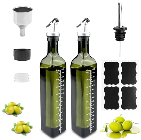 Gvolatee 2PCS oliera salvagoccia 500ml, dispenser olio d'Oliva e Aceto con beccuccio, Imbuto in Acciaio Inossidabile, etichette, dosatore olio, verde scuro bottiglie vetro per Cucina, BBQ, insalate