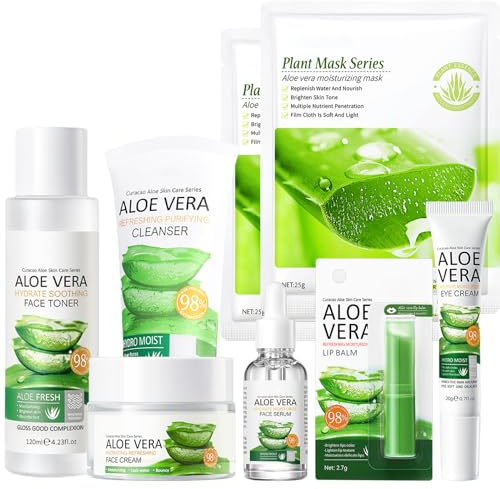 Skincare Set, Skin Care Sets & Kits, Skincare Gift Set for Women & Teenage Girls with Aloe Vera Extracts - Cleanser, Toner, Essence, Eye Cream, Face Cream, Mask, Lip Balm, Pamper Gifts (8PCS)