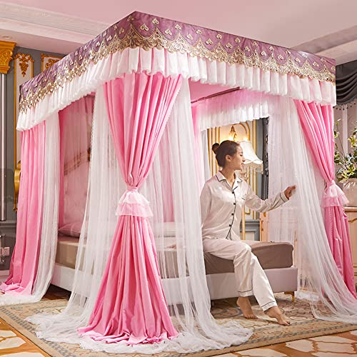 4 Eckpfosten-Himmelbettrahmenstangen, Himmelbett-Himmelnetz, doppelschichtige Prinzessinnen-Vorhänge, Baldachin (Rosa, 150 × 200 × 200 cm)