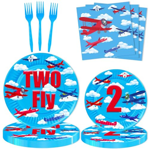 80 Pcs Airplane 2nd Birthday Party Decorations Two Fly Disposable Paper Dinner Plates Napkins Forks Dinnerware for Aviation Theme Boys 2nd Birthday Party Decorations Supplies