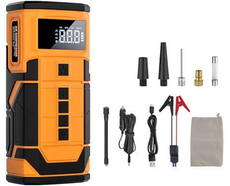 Jemora Arrancador de batería de coche de 14,8 V, arrancador de emergencia de corriente máxima de 600 A, banco de energía automático, 10000 mAh, 150 PSI, dispositivo de arranque de refuerzo de coche,