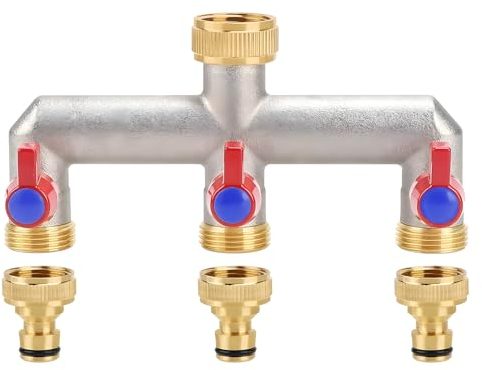 3-Wege Wasserhahn Wasserverteiler aus Messing für 3 Geräte/1/2 zoll Gartenschläuche, Wasserhahn Verteiler 3/4 Adapter mit Kugelhahn zum Einstellen und Absperren des Wasserflusses (3-Wege)