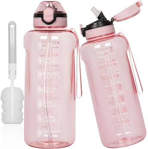 DEARRAY Tritan Trinkflasche 2l mit Strohhalm & Zeitmarkierung, 2 liter BPA-frei Große Wasserflasche mit Uhrzeit Motivierende Sportflasche für Fitness & Gym