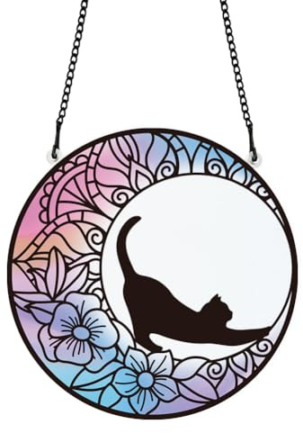 PLIGREAT Atrapador solar hueco luna gato acrílico vidrieras atrapador de sol verano terraza jardín colgante árbol adornos para sala de estar dormitorio sala de juegos ventana decoración regalos