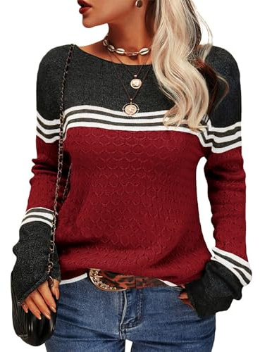 Hormtaer Womens Jumpers Crew Neck Long Sleeve Knit Sweater Colorblock Striped Knitwear Ladies Casual Retro Sweaters Soft Pullover Tops (Wine Red, XL)
