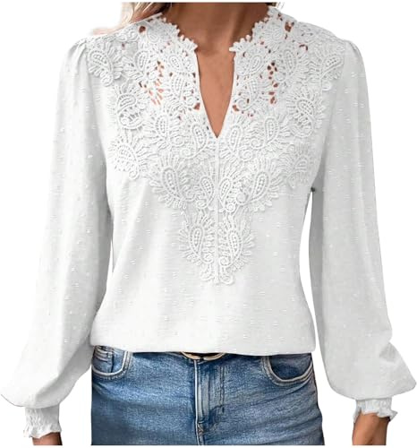 Ybing Blusa de encaje para mujer, elegante ribete de encaje, camiseta de manga larga, monocolor, cuello de pico, camiseta larga delgada, jacquard, blusa cómoda, manga larga, túnica fina, camiseta de