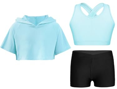 Fldy Mädchen Trainingsanzug Kurzarm Hoodie Crop Tank Top Und Shorts 3er Kinder Mädchen Kleidung Set Sommer Sport Tanz Workout Laufen Outfit Hellblau_B 134-140