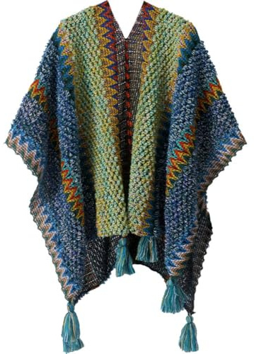 Keuyeo Damen Winter-Poncho, Warm, Übergroß, Gestreift, Strickjacke, Vorne Offen, Poncho, Schal, Wickel, Strick-Poncho, Umhang Für Alle Jahreszeiten