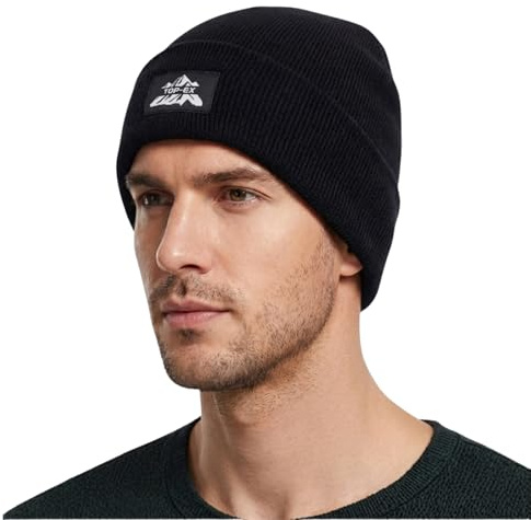 TOP-EX 100% Merinowolle Hut Strickmütze Herren Damen Warme Wintermütze Winddicht Atmungsaktiv Mütze Beanie Schwarz für Running Ski Wandern Schwarz M L