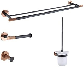 Moderno juego de accesorios de baño de acero inoxidable con acabado en oro rosa y negro mate, incluye soporte para toalla, soporte para rollo de papel higiénico y soporte para escobilla de inodoro,