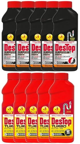 DESTOP Lot de 5 Packs Gel Déboucheur Surpuissant 500ml + Turbo 5 min Javel 500ml