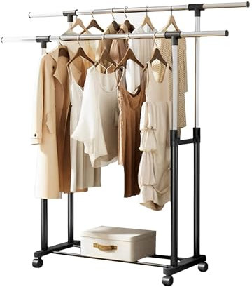 Perchero Burro Doble. Perchero de Pie Extensible con Ruedas, 2 Barras Superiores y Baldas de Almacenamiento Inferior. Burro Ropa Resistente, con Altura Ajustable. Perfecto para Hogar, Pasillo.