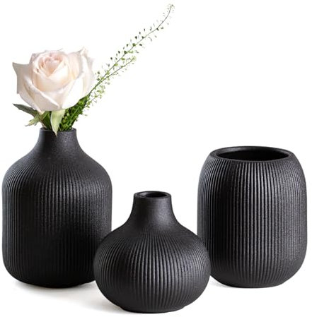 Dnnnii modern svart keramisk vas uppsättning av 3 med ribbad textur, perfekt för neutral och övergångs heminredning – dekorativ minimalistisk vassamling – små keramiska vaser för estetisk touch