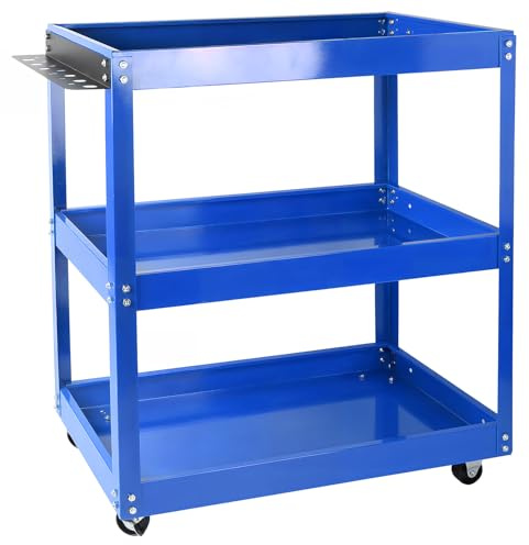 3-Tiers Tool Trolley on Wheels, Tools Storage Cart, Service Cart with Handle and Lockable Wheels, Heavy Duty Workshop Garage Trolley, Mechanics Tools Mobile Storage Trolley, 75 Kg Load Capacity (blue)
