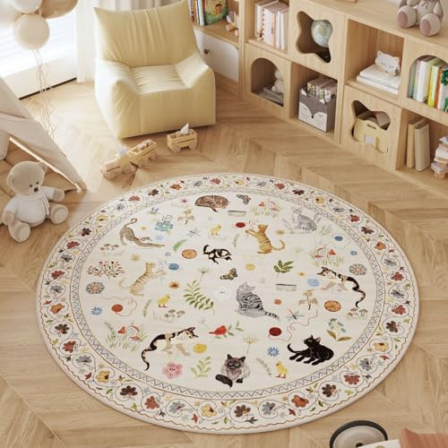 Rugcomf Runder Teppich 1,2 m Waschbarer Kreisteppich Rutschfest Niedriger Flor Boho Blumentier Katze Kleiner Kreisförmiger Teppich für Schlafzimmer Badezimmer Eingang Kinderzimmer Büro College