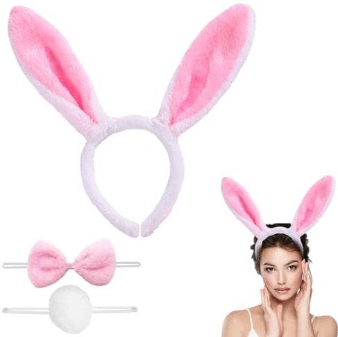 HQRKOTM Hasenohren und Schwanz Set, hasenohren haarreif，Bunny Ohren Haarreif Kostüm Set Kaninchen Haarreif Kragen und Schwanz für Kinder Erwachsene Karneval Cosplay Kostüm Party