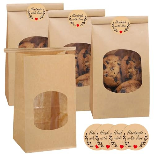 50pcs Kleine Kekstüten Keksbeutel mit Fenster, 9 * 6.5 * 17cm Papiertüten Braun mit Verschlussclips, Kraftpapier Tüten, Backbeutel, kleine Brottüte, Brottüten Papier Gebäck,Süßigkeiten Geschenktüte