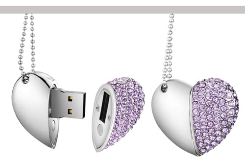 Yaxiny, chiavette USB da 32GB Premium impermeabili, a forma di cuore con diamante, ad alta velocità, USB 2.0, memoria flash, disco chiavetta USB, pen drive, 1 pezzo, viola