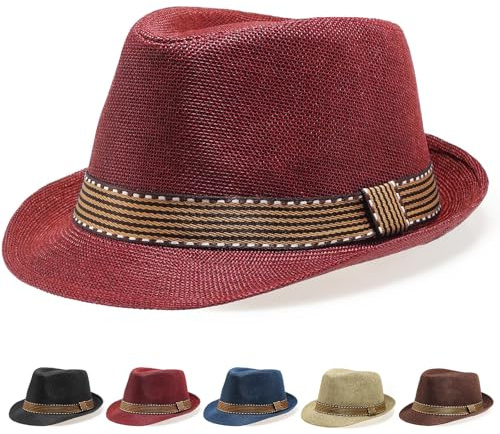 Initlove Sombrero Fedora unisex clásico Panamá sombreros de ala corta Trilby, rojo vino, Talla única