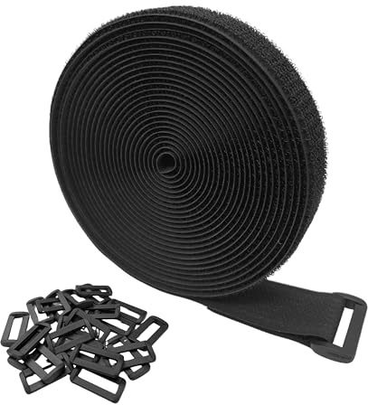 Evoges 5m x 25mm Hook and Loop Cable Straps Roll – Heavy Duty Self-Adhesive Reusable Tape with 25 Buckles – Adjustable Fastening Strips for Cable Management, DIY, Crafts, Cord Organiser (Black)