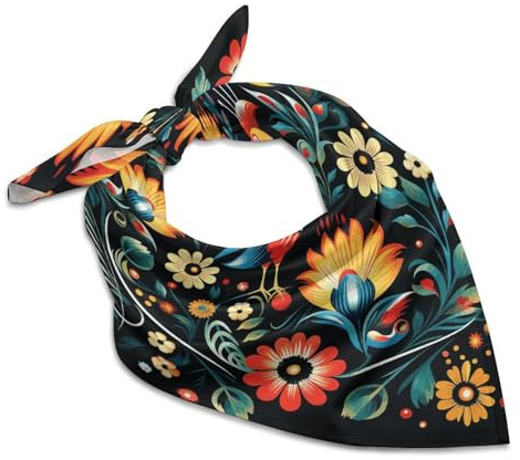 Polnisches Volkskunst-Muster, quadratisches Kopftuch, leichtes Seidentuch für Damen, weiches Satin, großes Halstuch, modische Bandanas, Seide, Stirnband, Halstuch, Satin-Schal für Tasche, Haarschal