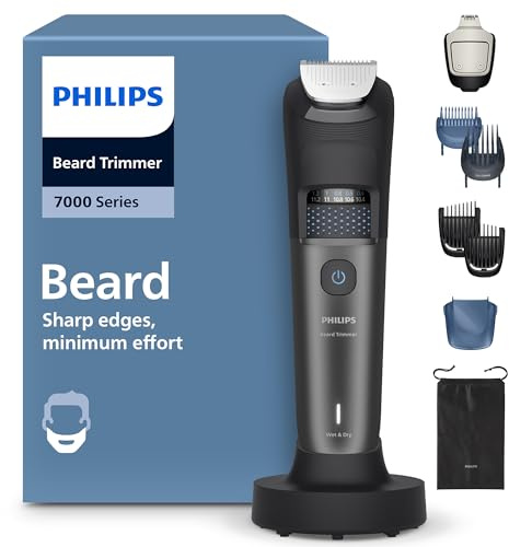 Regolabarba Philips serie 7000 - Lame in metallo autoaffilanti, 40 impostazioni di lunghezza, tecnologia BeardSense, raccoglitore peli, impermeabile, supporto ricarica, custodia morbida, BT7660/15