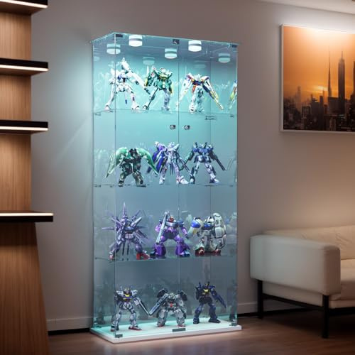 BEIJIALY Vitrina de Cristal con LED, Vitrina Coleccionable con 2 Puertas y 4 Estantes Transparentes, Vitrina de Cristal con Cerradura, para Figuras, (Blanco, 2 Puertas 4 Pisos + LED)