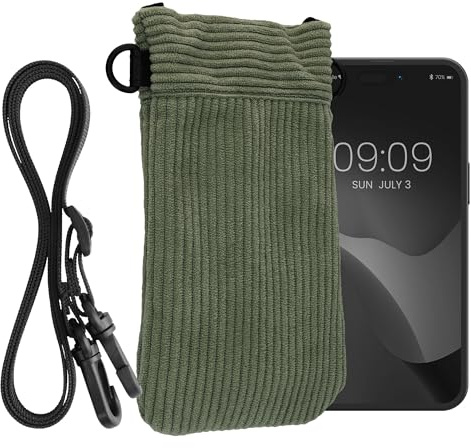 kwmobile Estuche para Móvil Universal XXL - 7 - Funda de Pana con Cuerda Ajustable Cierre Magnético y Bolsillo Interior de Malla - Gris Verdoso