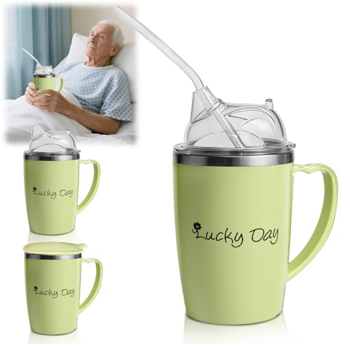 SGZIOO Beakers for Elderly 350ml 3 in 1 Non Spill Cups for Elderly, Sippy Cup for Adults with 30cm Straw and Lid, Adult Sippy Cups for The Elderly Non Spill, Aids for Daily Living (Green)