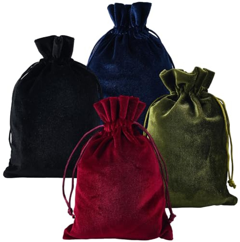 CREATCABIN 4 Bolsa de Terciopelo con Cordón Bolsa de Terciopelo con Cordón Bolsa Roja Negra Azul Y Verde para Guardar Joyas Dulces Regalos Navidad Bodas Fiestas Recuerdos Tarot Rune de 13x19.5cm