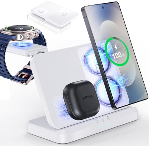EGV Induktive Ladestation für Samsung – 3-in-1 Wireless Charger kompatibel mit Galaxy S25 Ultra/S24/S23, Z Fold/Flip 7/6, Buds, Abnehmbares Ladegerät für Galaxy Watch Ultra/8/7, Kein Adapter, Weiß