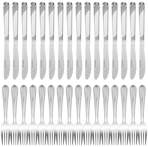 Biffbestickset Z,32 stycken rostfria knivar och gafflar set, silver bestick biffknivar, gaffel och knivset för pizza, biff, diskmaskinssäker, högglanspolerad, 16 bordsknivar (21 cm) + 16 bordsgafflar