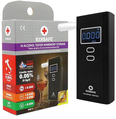 KIKSAFE Tester Alcolico Digitale con Tecnologia AI | Risultati Rapidi e Precisi, Allarme Soglia 0,05% e Memoria 50 Test