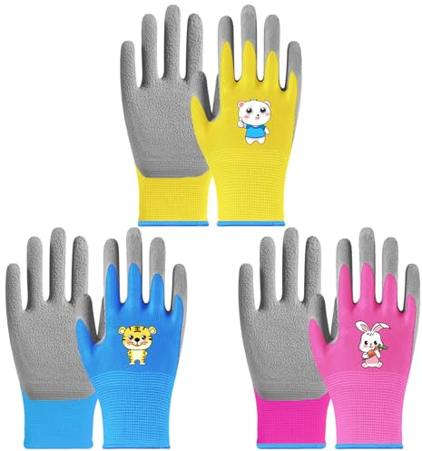 YAOYYG 3 Pares de Guantes de Jardinería para Niños, Guantes de Trabajo para Niños, Guantes Protectores de Látex Antideslizantes con Revestimiento de Palma, Guant para Niñas Y Niños de 8 a 10 Años