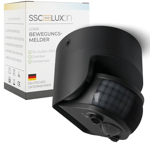 SSC-LUXon LOXIR détecteur de Mouvement PIR Noir IP54 – capteur 12 m orientable 180°/360° pour intérieur & extérieur – Motion Sensor pour entrée et façade