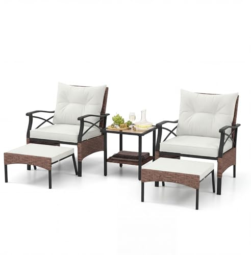 COSTWAY Rattan Gartenmöbel Set, 5-teiliges Balkonmöbel, Balkonset inkl. 2 Stühle mit Kissen, Hocker & Tisch, Terrassenmöbel, Gartengarnitur, Sitzgruppe für Garten, Balkon, Terrasse (Braun + Beige)