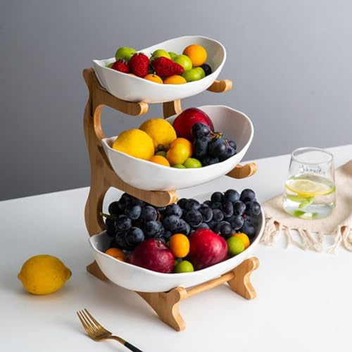wpenshiDM125 Set di ciotole for cesto frutta in ceramica a 3 livelli con supporto in legno, piatto caramelle che serve cucina portafrutta portaoggetti in Centro tavola frutta soggiorno(Dark khaki)